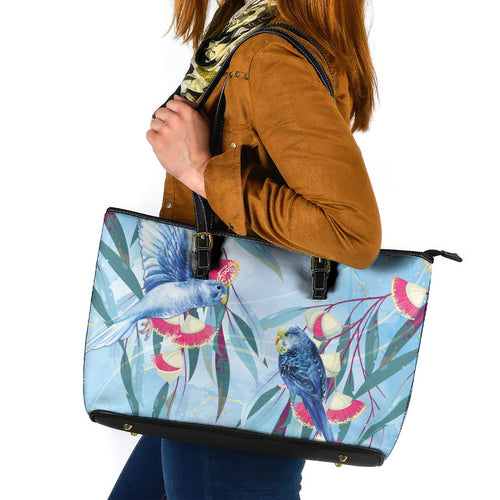 Australia Blue Budgie Marble Glaze Leather Tote Bag Cancer Awareness