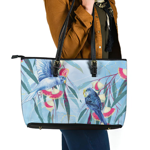 Australia Blue Budgie Marble Glaze Leather Tote Bag Cancer Awareness