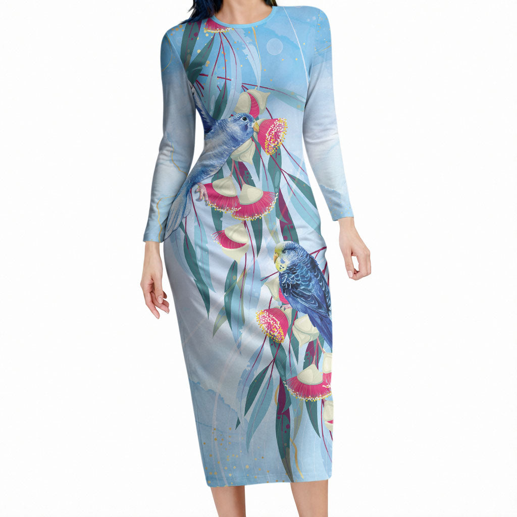Australia Blue Budgie Marble Glaze Long Sleeve Bodycon Dress Cancer Awareness