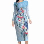 Australia Blue Budgie Marble Glaze Long Sleeve Bodycon Dress Cancer Awareness