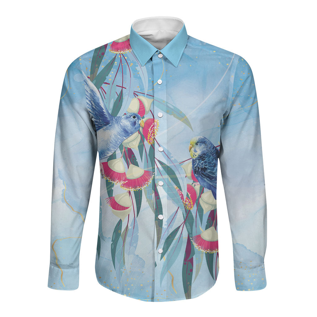 Australia Blue Budgie Marble Glaze Long Sleeve Button Shirt Cancer Awareness