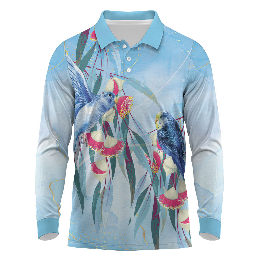 Australia Blue Budgie Marble Glaze Long Sleeve Polo Shirt Cancer Awareness