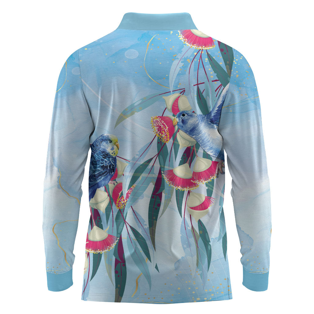 Australia Blue Budgie Marble Glaze Long Sleeve Polo Shirt Cancer Awareness