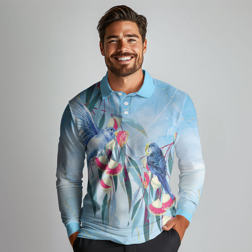 Australia Blue Budgie Marble Glaze Long Sleeve Polo Shirt Cancer Awareness