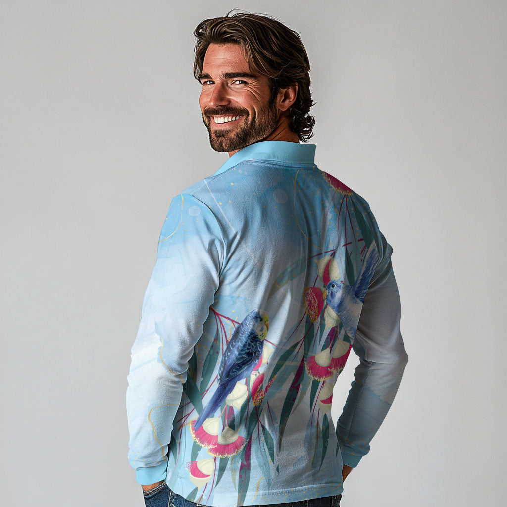 Australia Blue Budgie Marble Glaze Long Sleeve Polo Shirt Cancer Awareness