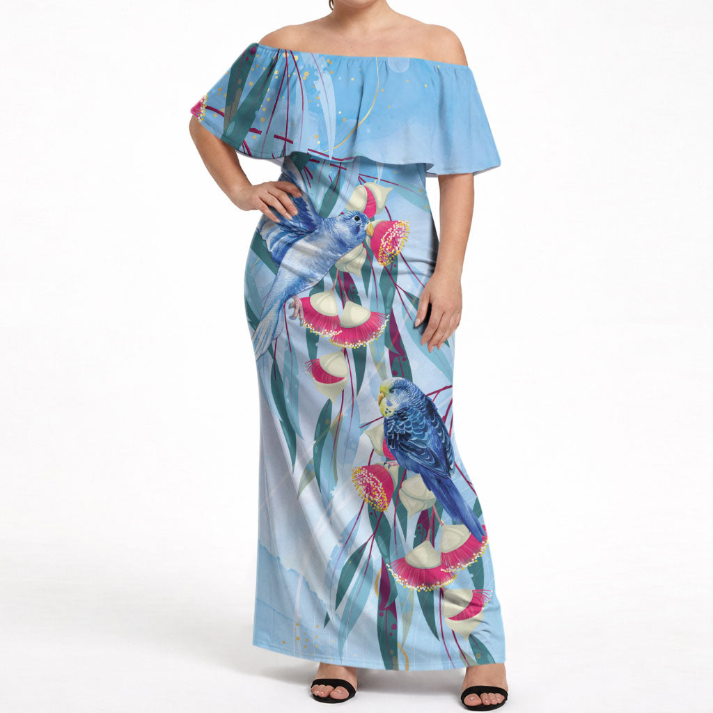 Australia Blue Budgie Marble Glaze Off Shoulder Maxi Dress Cancer Awareness