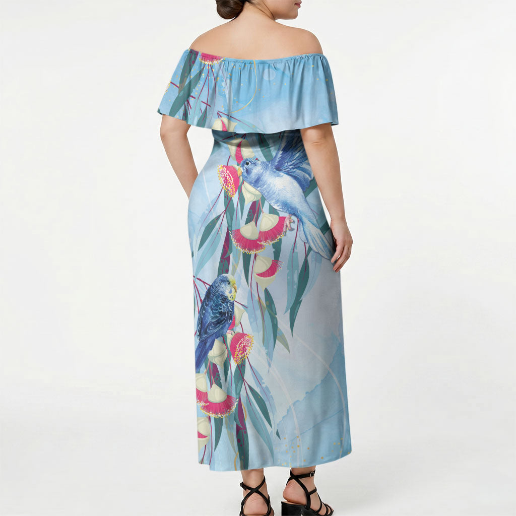 Australia Blue Budgie Marble Glaze Off Shoulder Maxi Dress Cancer Awareness