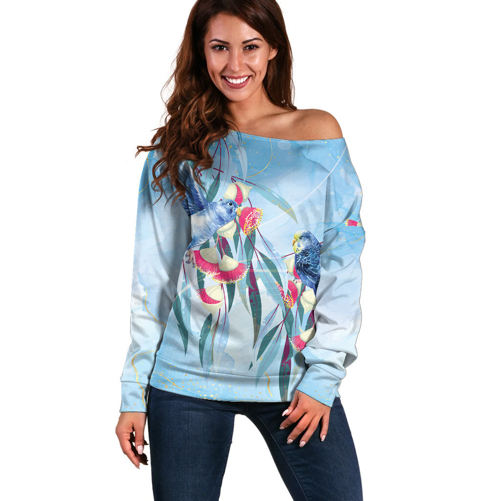 Australia Blue Budgie Marble Glaze Off Shoulder Sweater Cancer Awareness