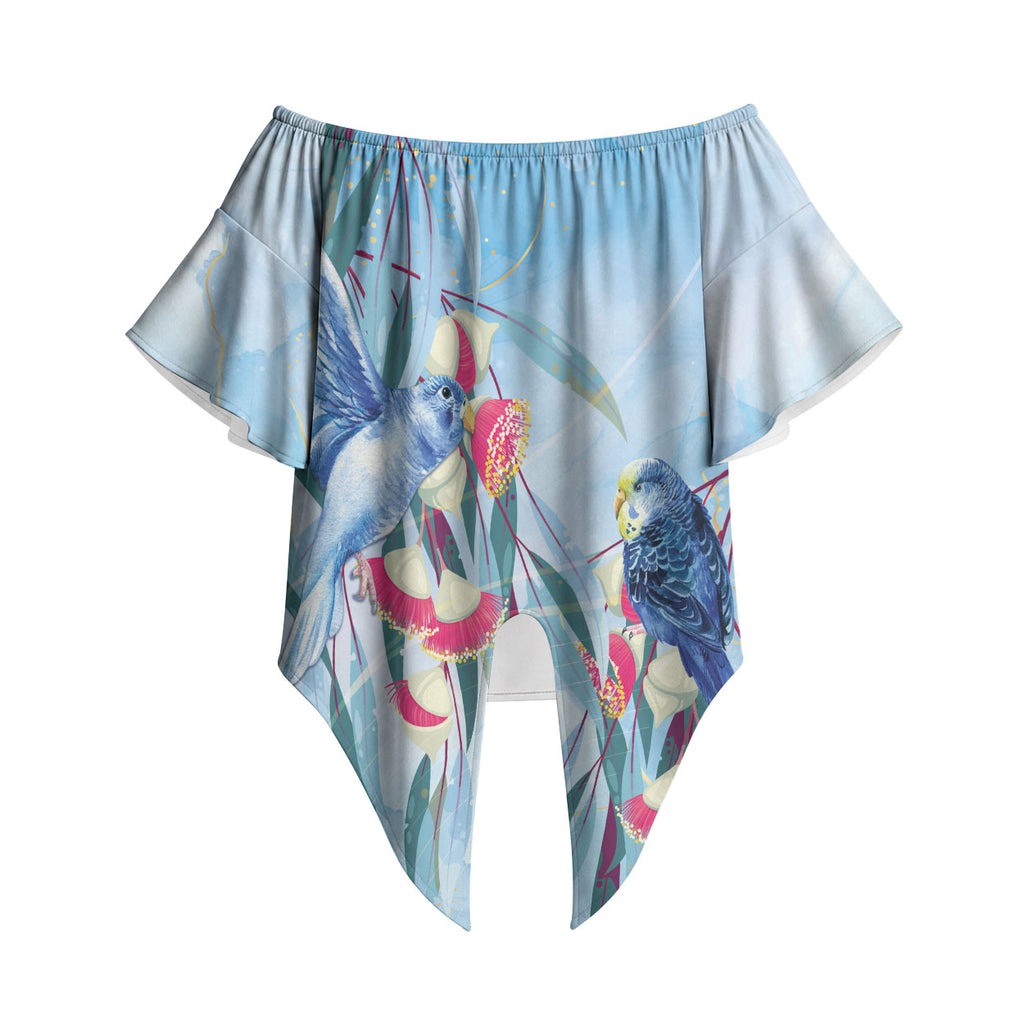 Australia Blue Budgie Marble Glaze Off Shoulder Wrap Waist Top Cancer Awareness