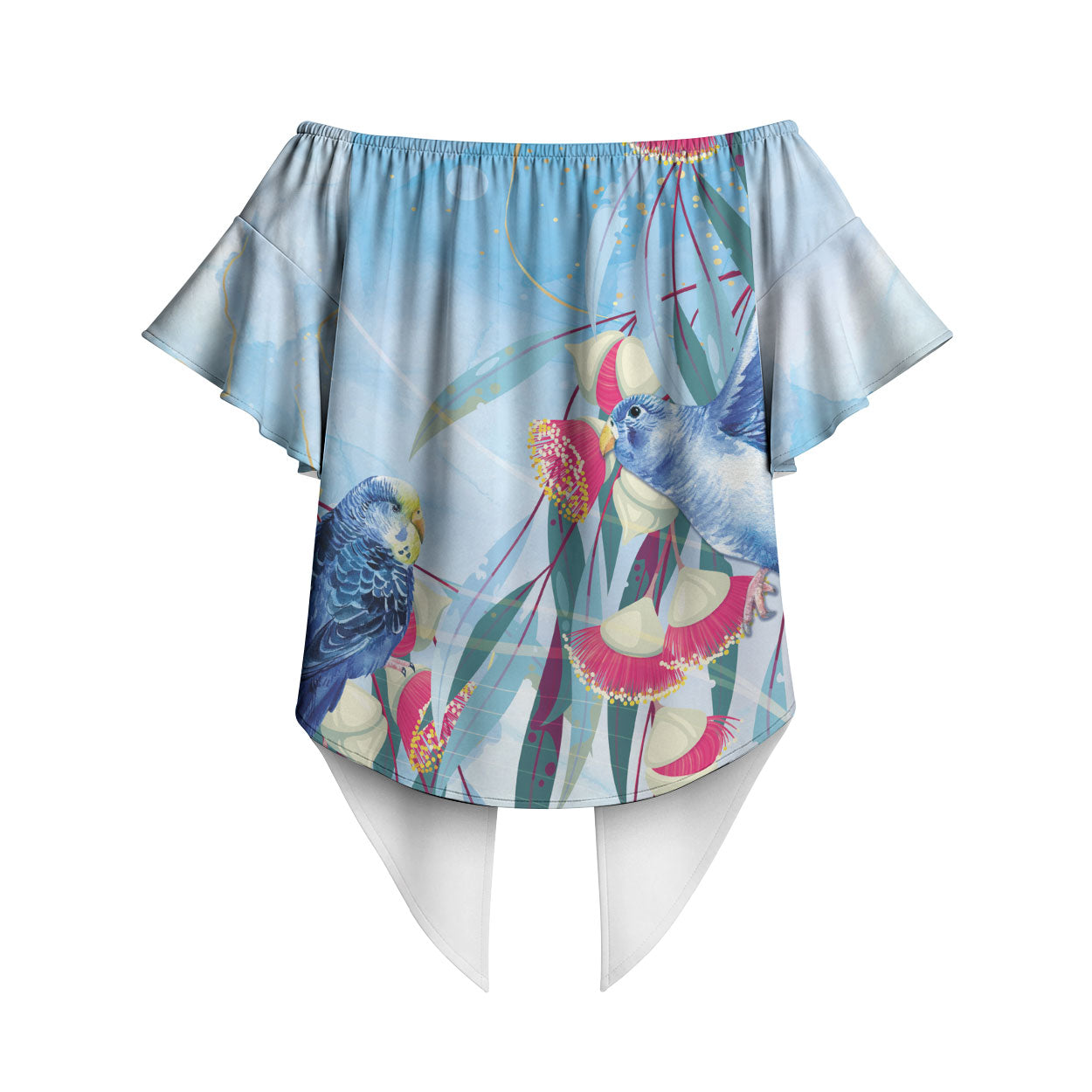 Australia Blue Budgie Marble Glaze Off Shoulder Wrap Waist Top Cancer Awareness