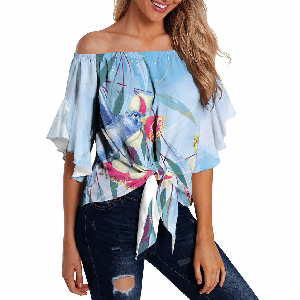Australia Blue Budgie Marble Glaze Off Shoulder Wrap Waist Top Cancer Awareness