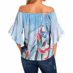 Australia Blue Budgie Marble Glaze Off Shoulder Wrap Waist Top Cancer Awareness