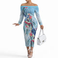 Australia Blue Budgie Marble Glaze Off The Shoulder Long Sleeve Dress Cancer Awareness