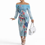 Australia Blue Budgie Marble Glaze Off The Shoulder Long Sleeve Dress Cancer Awareness