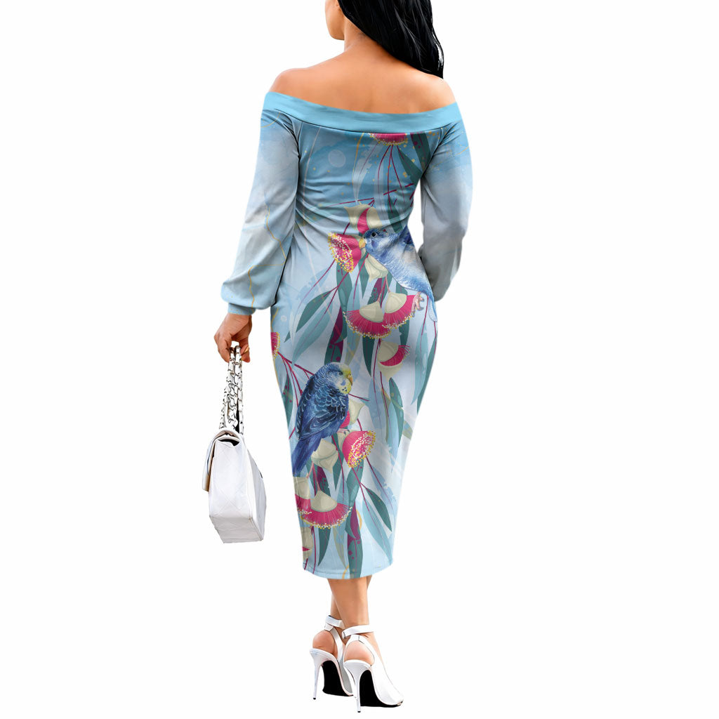 Australia Blue Budgie Marble Glaze Off The Shoulder Long Sleeve Dress Cancer Awareness
