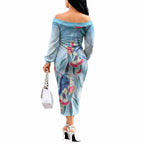 Australia Blue Budgie Marble Glaze Off The Shoulder Long Sleeve Dress Cancer Awareness