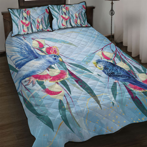 Australia Blue Budgie Marble Glaze Quilt Bed Set Cancer Awareness
