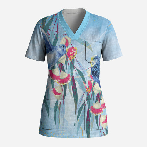 Australia Blue Budgie Marble Glaze Scrub Top Cancer Awareness