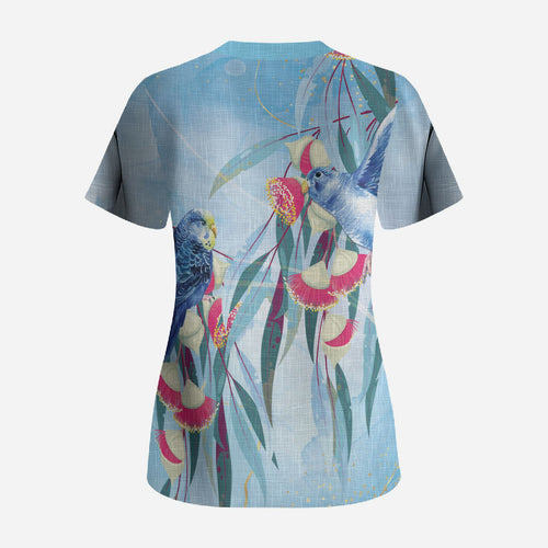 Australia Blue Budgie Marble Glaze Scrub Top Cancer Awareness
