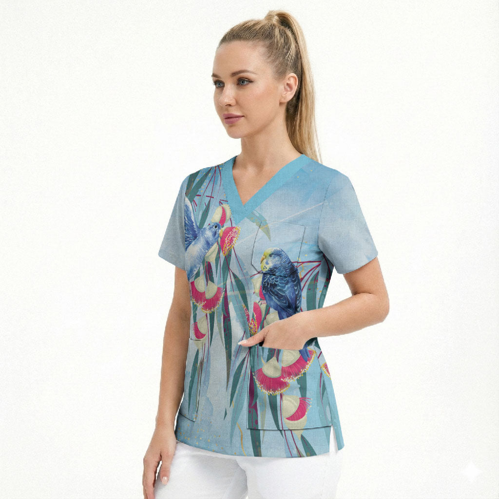 Australia Blue Budgie Marble Glaze Scrub Top Cancer Awareness