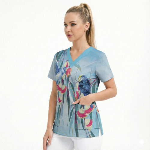 Australia Blue Budgie Marble Glaze Scrub Top Cancer Awareness