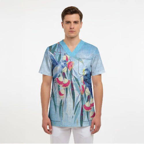 Australia Blue Budgie Marble Glaze Scrub Top Cancer Awareness