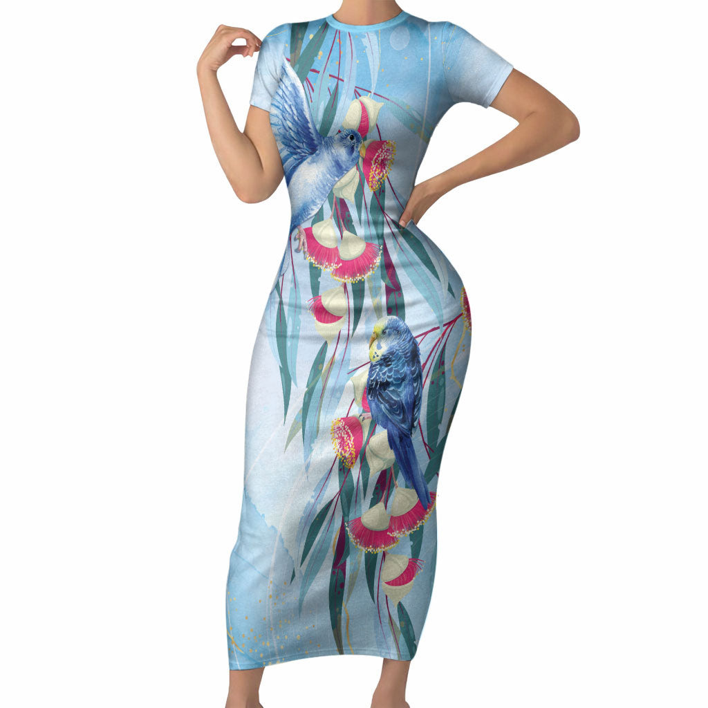 Australia Blue Budgie Marble Glaze Short Sleeve Bodycon Dress Cancer Awareness
