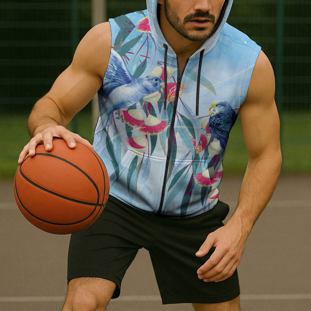 Australia Blue Budgie Marble Glaze Sleeveless Zip Hoodie Cancer Awareness