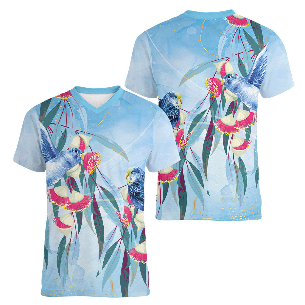 Australia Blue Budgie Marble Glaze Women V-Neck T-Shirt Cancer Awareness