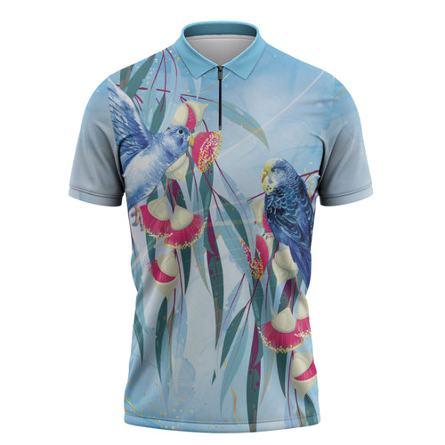 Australia Blue Budgie Marble Glaze Zipper Polo Shirt Cancer Awareness