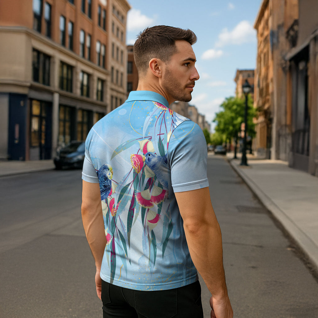 Australia Blue Budgie Marble Glaze Zipper Polo Shirt Cancer Awareness