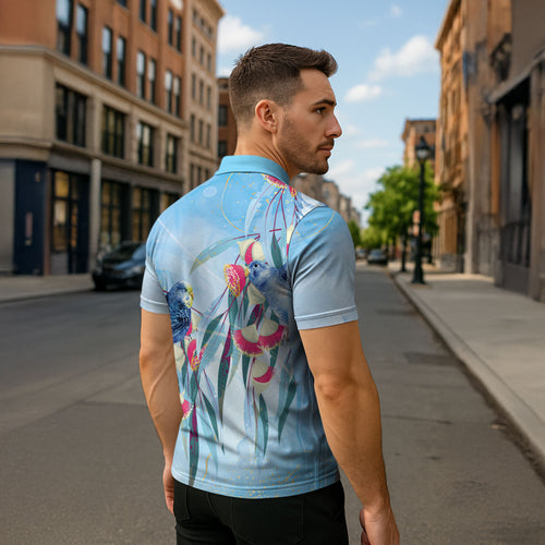 Australia Blue Budgie Marble Glaze Zipper Polo Shirt Cancer Awareness