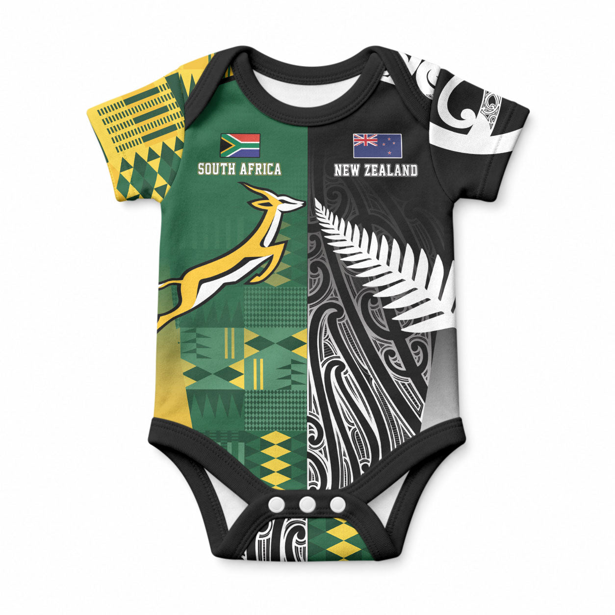 Custom Rugby South Africa New Zealand Greatest Rivals Baby Onesie Tribal Motifs