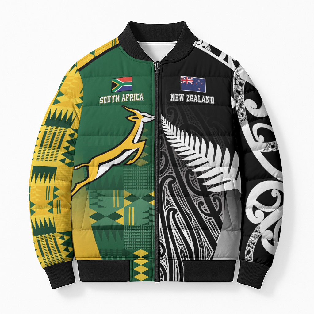 Custom Rugby South Africa New Zealand Greatest Rivals Bomber Puffer Jacket Tribal Motifs