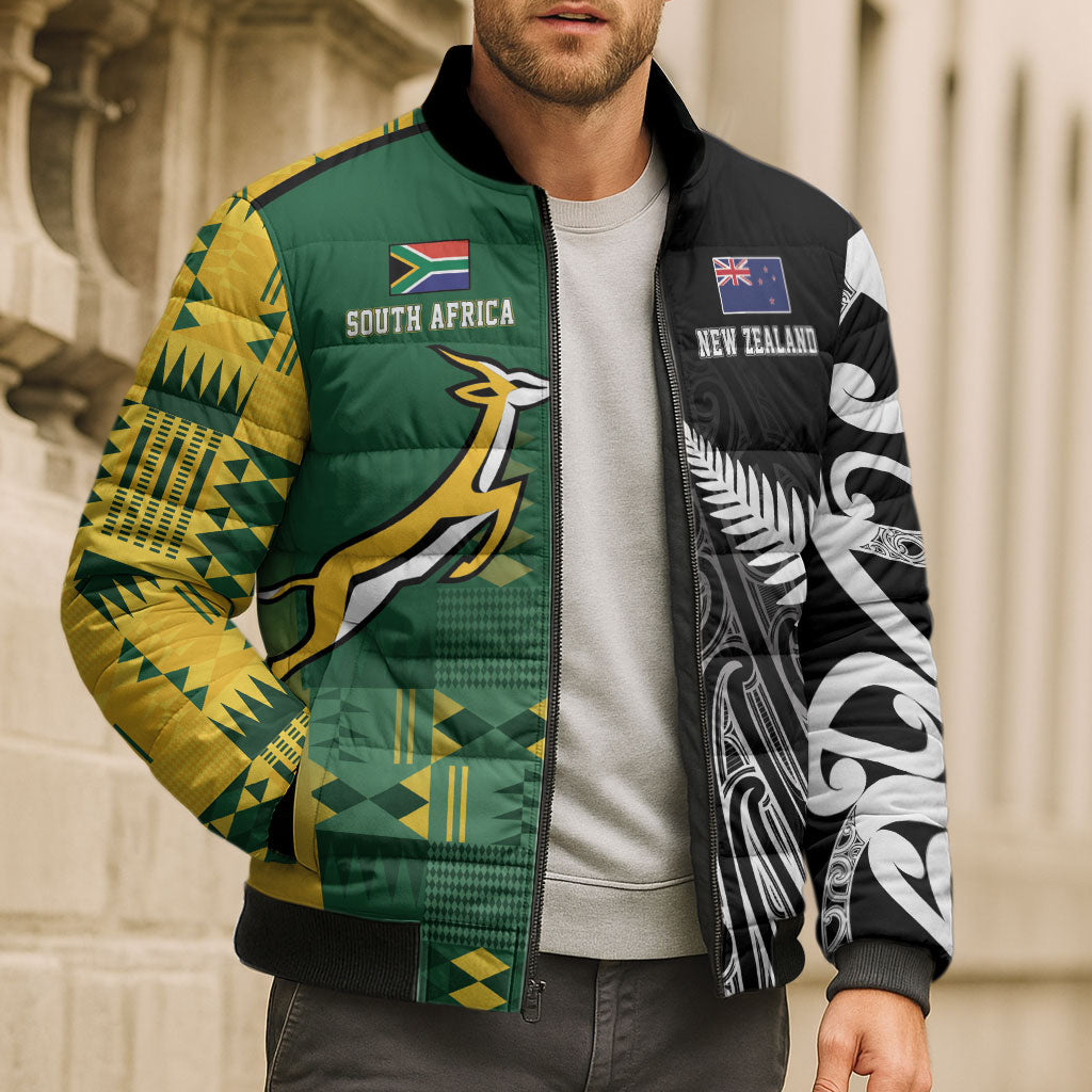 Custom Rugby South Africa New Zealand Greatest Rivals Bomber Puffer Jacket Tribal Motifs