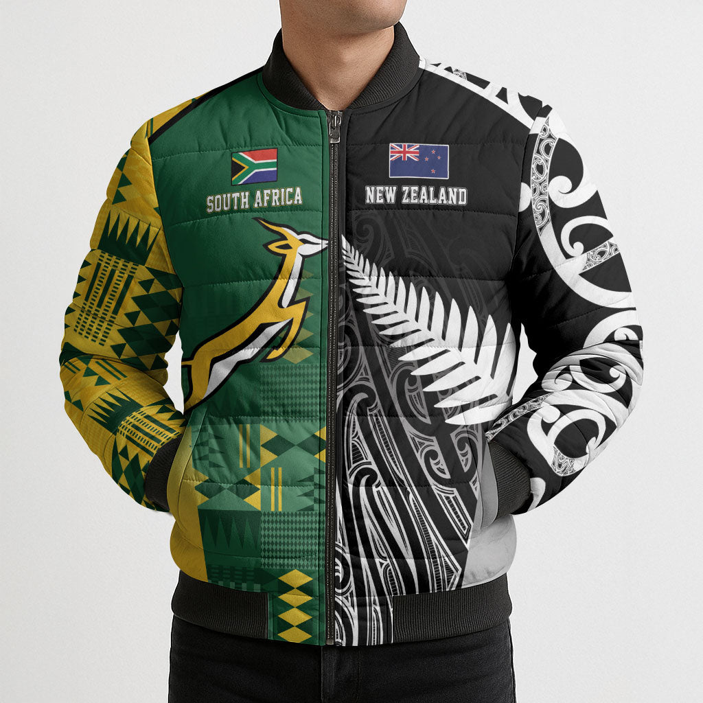 Custom Rugby South Africa New Zealand Greatest Rivals Bomber Puffer Jacket Tribal Motifs
