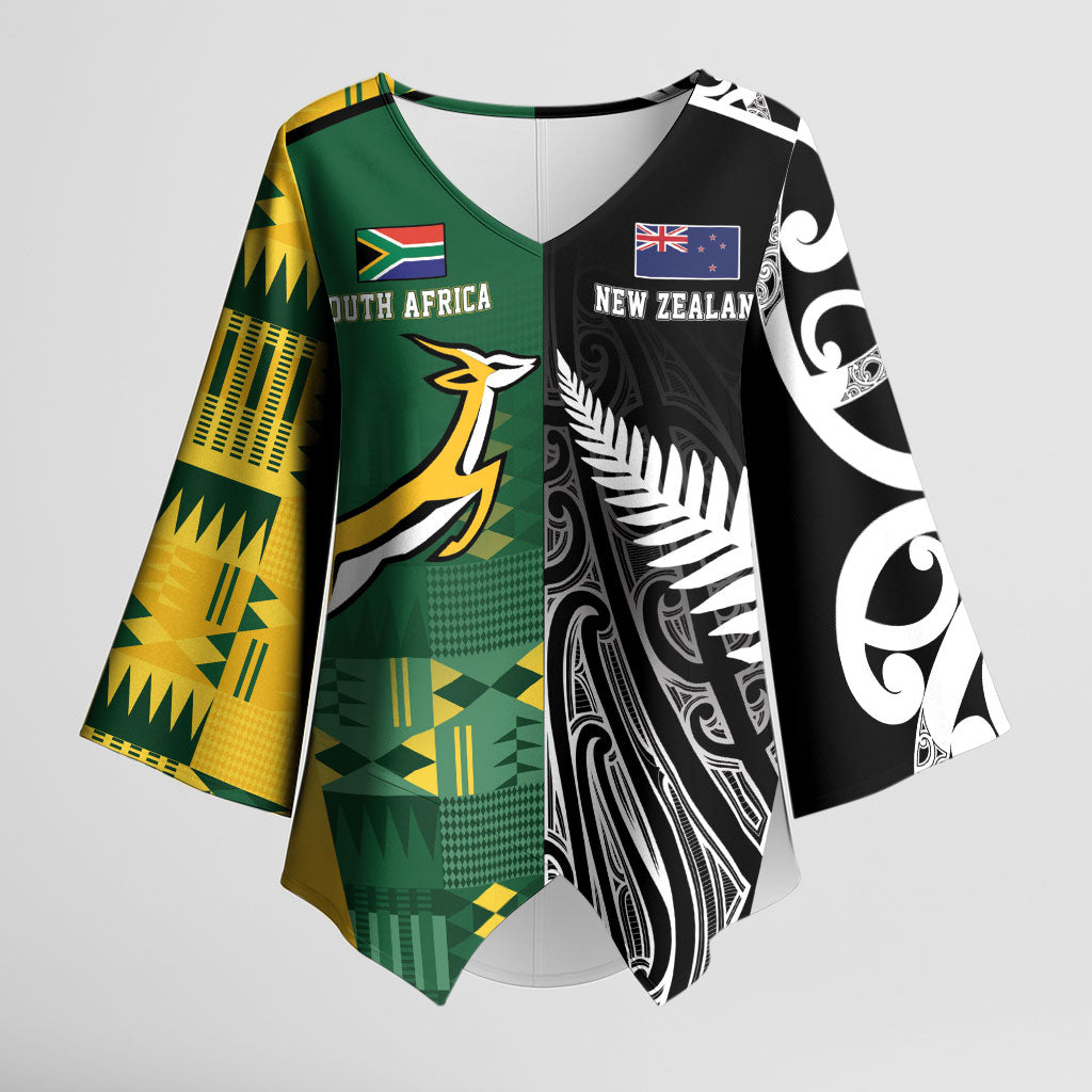 Custom Rugby South Africa New Zealand Greatest Rivals Kimono Sleeve Blouse Tribal Motifs