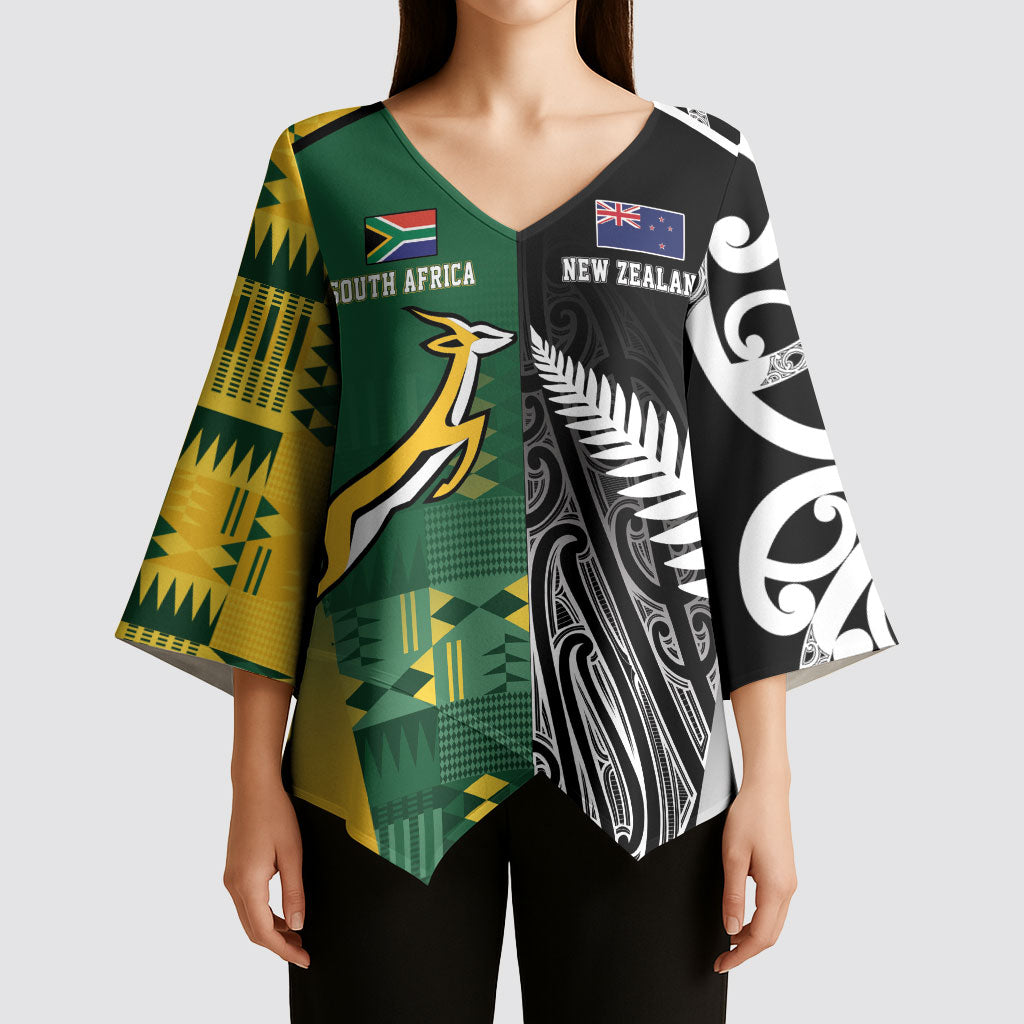 Custom Rugby South Africa New Zealand Greatest Rivals Kimono Sleeve Blouse Tribal Motifs