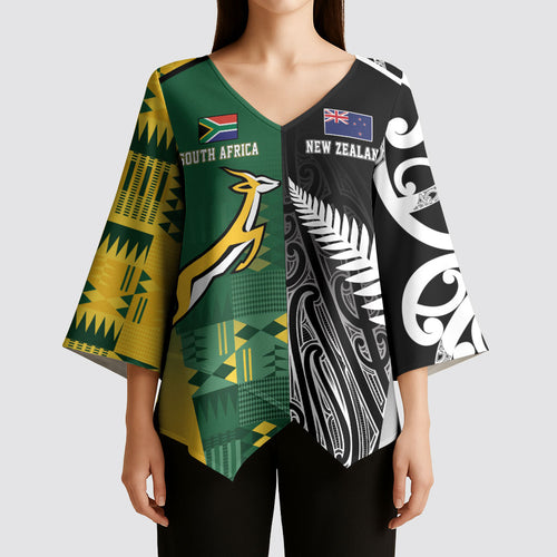 Custom Rugby South Africa New Zealand Greatest Rivals Kimono Sleeve Blouse Tribal Motifs
