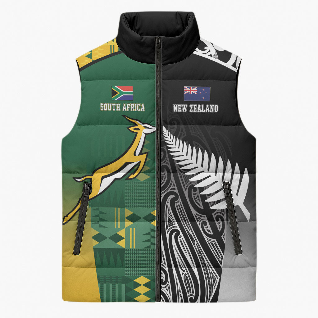 Custom Rugby South Africa New Zealand Greatest Rivals Sleeveless Puffer Jacket Tribal Motifs