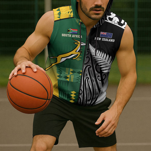 Custom Rugby South Africa New Zealand Greatest Rivals Sleeveless Zip Hoodie Tribal Motifs