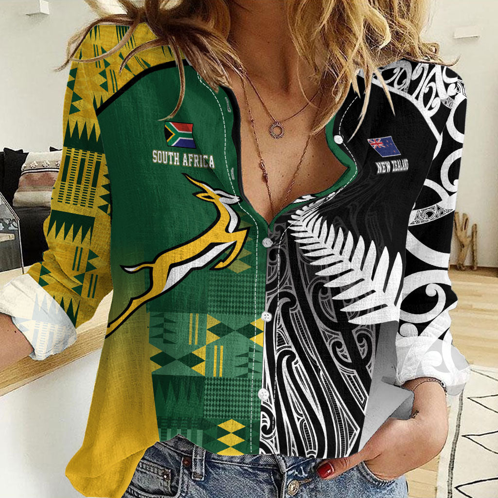 Custom Rugby South Africa New Zealand Greatest Rivals Women Casual Shirt Tribal Motifs