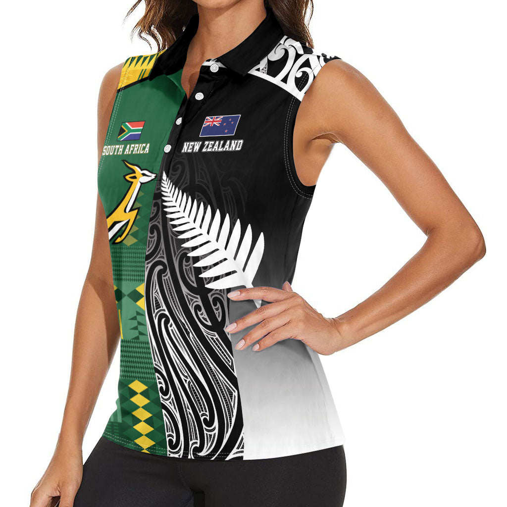 Custom Rugby South Africa New Zealand Greatest Rivals Women Sleeveless Polo Shirt Tribal Motifs