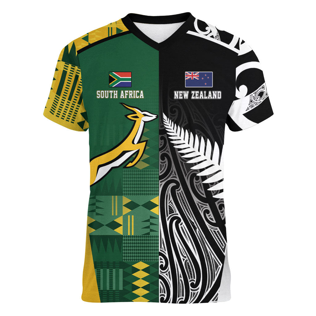 Custom Rugby South Africa New Zealand Greatest Rivals Women V-Neck T-Shirt Tribal Motifs