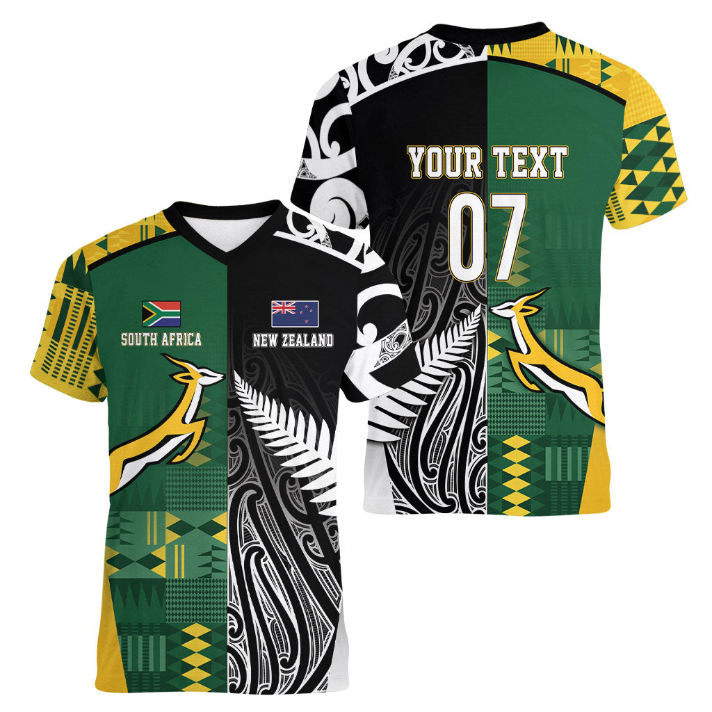 Custom Rugby South Africa New Zealand Greatest Rivals Women V-Neck T-Shirt Tribal Motifs