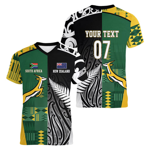 Custom Rugby South Africa New Zealand Greatest Rivals Women V-Neck T-Shirt Tribal Motifs
