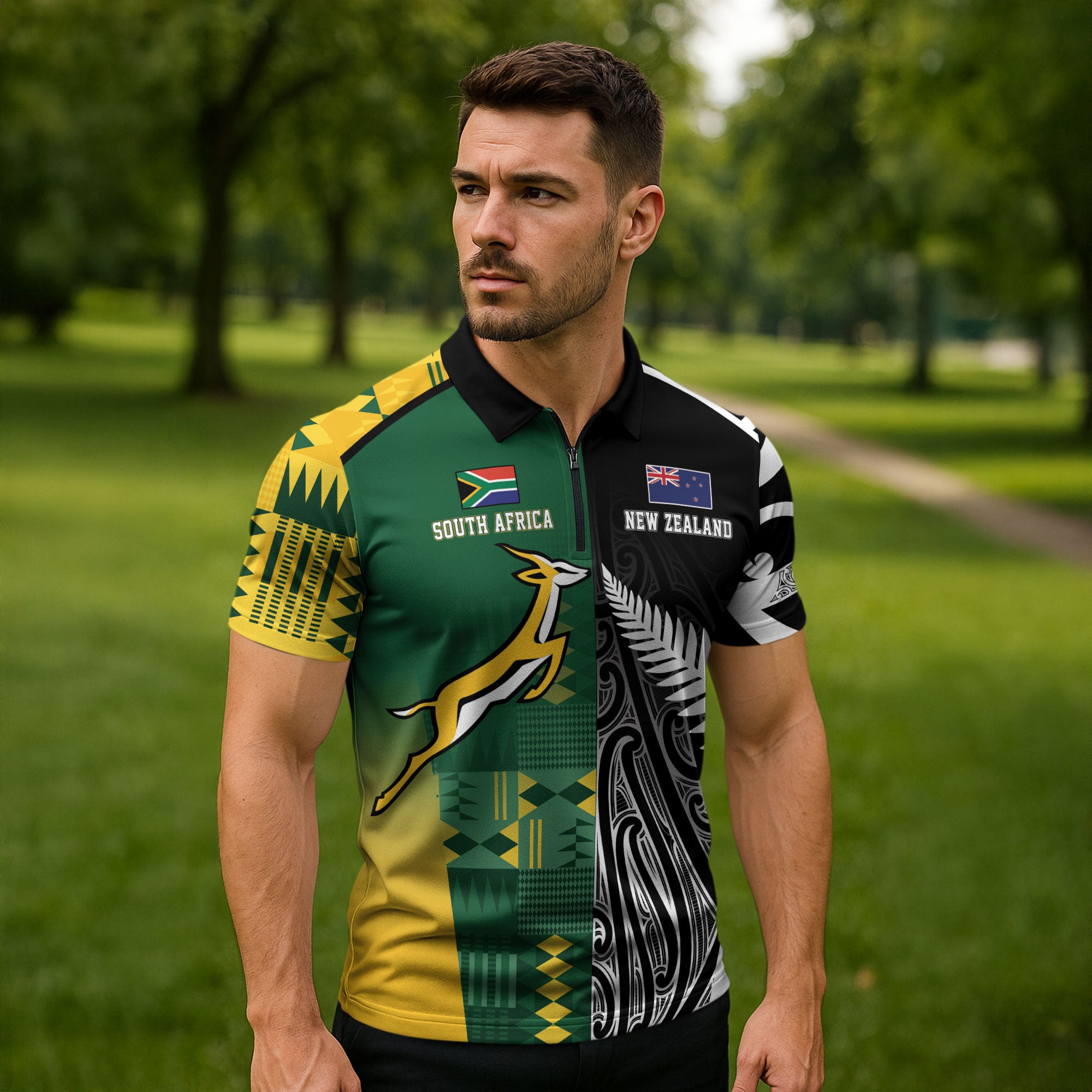 Custom Rugby South Africa New Zealand Greatest Rivals Zipper Polo Shirt Tribal Motifs