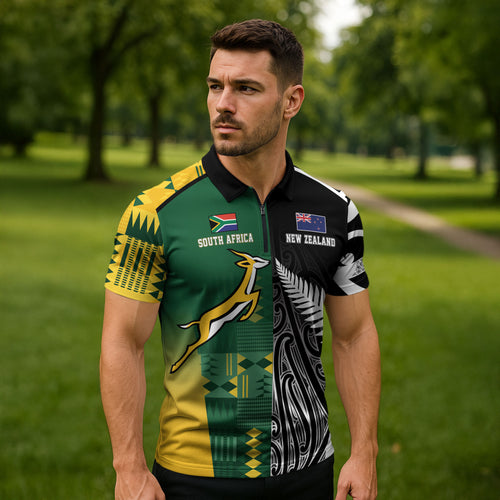 Custom Rugby South Africa New Zealand Greatest Rivals Zipper Polo Shirt Tribal Motifs