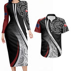 Aotearoa Maori Rugby Custom Couples Matching Long Sleeve Bodycon Dress and Hawaiian Shirt Kapa O Pango