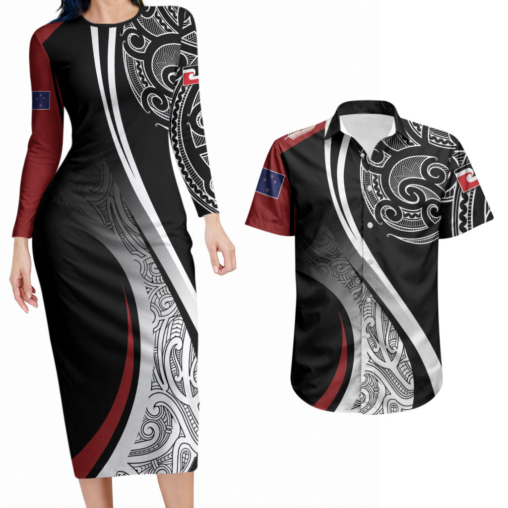 Aotearoa Maori Rugby Custom Couples Matching Long Sleeve Bodycon Dress and Hawaiian Shirt Kapa O Pango